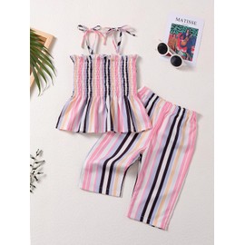 Baby Girl Clothes Toddler Girl Summer Outfits Sleeveless Ruffle Halter Tops Pants Stripes Plaids Clothing Set 12-18Months