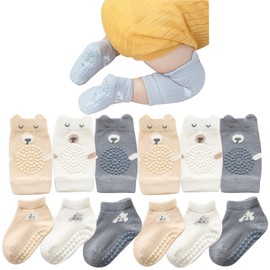 Hanzapor Baby Crawling 3 Pairs Baby Socks and 3 Pairs Baby Knee Pads 0-24 Months Boys Girls Non-Slip Socks Stopper Socks, Little Bear