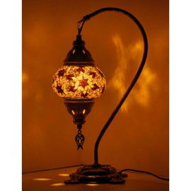 Kafthan Turkish Moroccan Mosaic Lamp – Handmade Glass Swan Neck Bedside Lamp with Antique Brass Base, Ideal Decor for Bedroom, Office, Living Room – Bulb Included (Ecru Snow Flakes)