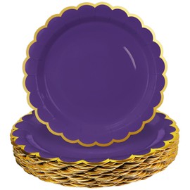 HEIPINIUYE 50 Pieces Purple Paper Plates with Gold Foil 7 Inch Purple Scalloped Plates Disposable Dinner Plates for Wedding Baby Shower Birthday Party Dessert Plates