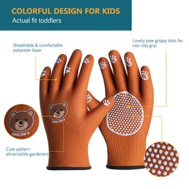 COOLJOB Breathable Toddler Work Gloves for Gardening Boy Girl Ages 4-6 Medium, 100% Jersey Nylon Kids Garden Gloves with Grip, Children Yard Gloves for Digging Weeding Landscaping, Brown Bear, 1 Pair