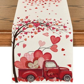 Artoid Mode Truck Heart Love Tree Valentine's Day Table Runner, Anniversary Wedding Kitchen Dining Table Decoration for Home Party Decor 13x72 Inch