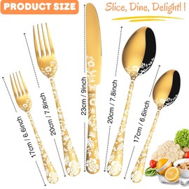 Vilihkc Gold Silverware Flatware Set for 4 Stainless Steel Cutlery Utensil Set, 20 piece Spoon and Fork Set Peony Flower Pattern Design, Mirror Polished Dishwasher Safe