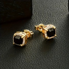 USA Warehouse Square Black Diamond Stud Christmas Gifts Jewelry Men Women 5A Cubic Zirconia 14K Gold Plated Rectangle CZ EarringColor: Golden