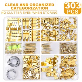KURUI 303Pcs Picture Hanging Kit, Picture Hangers Assorted Kit with Heavy Duty Picture Hanging Hooks/Hardware Nails/Sawtooth/Wire/D Rings/Level, Metal Picture Wall Hooks for Frame Canvas Mounting
