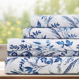 DREAMCARE Queen Size Sheets - Floral Sheets Queen Size Bed Set - 4pcs Queen Sheet Set - Cooling Bed Sheets - Queen Size Sheet Sets - Soft & Long Lasting - Floral Blue