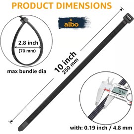Albo ALBO Zip Ties Black 10 Inch 100 Pack 50 lb, Long Plastic Cable Ties Thick 0.19 Inch Tie Wraps Heavy Duty UV Resistant Nylon Wire Ties for Indoor and Outdoor
