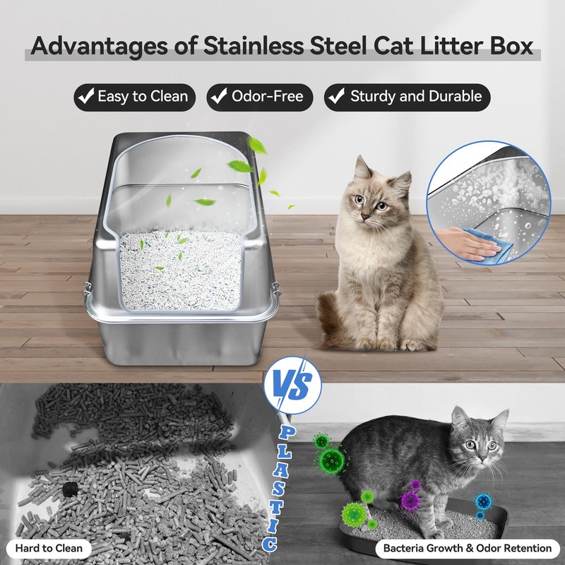 Aothey Stainless Steel Litter Box with Metal Lid and Scoop