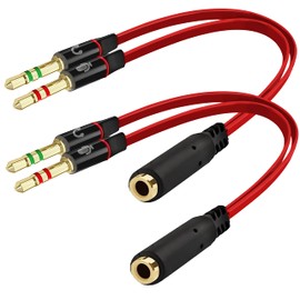 SaiTech IT Headphone Splitter Cable for Computer,3.5mm Female to 2 Dual Male Headphone Microphone Y Splitter Cable Mic Audio Stereo Jack Earphones Port Cord Gaming Headset to PC Laptop Adapter Red