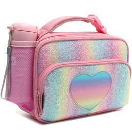 FlowFly Kids Lunch box Insulated Soft Bag Mini Cooler Back to School Thermal Meal Tote Kit for Girls, Boys,Glitter-RainBow