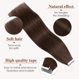 Tess Tape Extensions Real Hair Medium Brown #4 Tape Hair Pieces Tape-In Hair Extensions, Remy Human Hair Straight, 10 Pieces, 14 Inches (35 cm) – 20 g