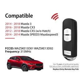 Keylessbest Key Fob Remote Replacement for 2016 2017 2018 Mazda 3 CX3 CX5 SPEED3 Ma zdaspeed3 3 Buttons 315MHz WAZSKE13D01,Black(Set of 2)
