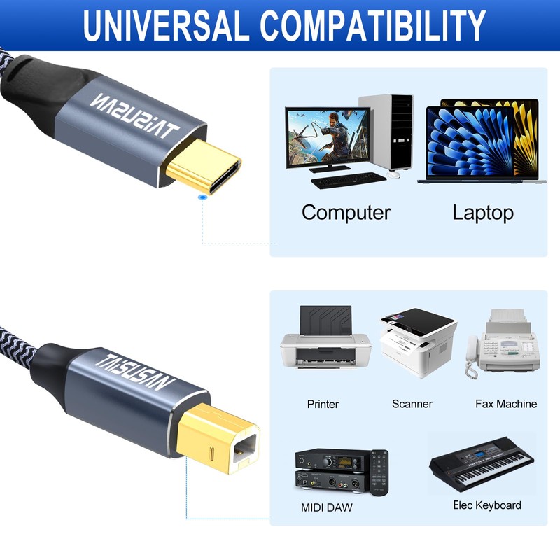 TAISUSAN USB C to B Printer Cable 25ft, MIDI Compatible