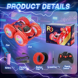 PATEMZON Remote Controlled Car, RC Stunt Car, 360° Rotation Double-Sided Toy Car, 2.4GHz Spider Monster Truck with Cool Lights and Interchangeable Tyres, Gift Birthday Boy Girl (Red)