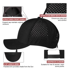 Mens Breathable Baseball Cap Quick Dry Laser Cut Mesh Ball Curved Brim Snapback Hat Lightweight for Outdoor Sports Black