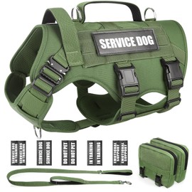WINSEE Tactical Dog Harness with Dog Leash, Service Working MOLLE Vest with 10 Pet Patches for Dog, No Pull Military Harness and Backpack for Training Hunting Walking