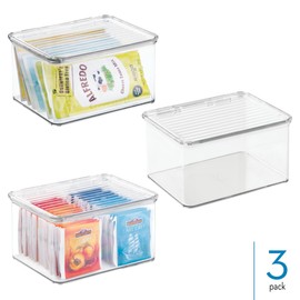 iDesign Plastic Stackable Hinged-Lid Pantry or Kitchen Storage Box - Set of 3 - Clear