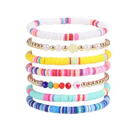 5-12Pcs Surfer Bead Bracelets Set Y2k Star Love Heart Charms Bracelets Vinyl Disc Heishi Colorful Clay Beaded Stretch Bracelet for Women Boho Summer Beach Stackable Jewelry Gifts- Style 15