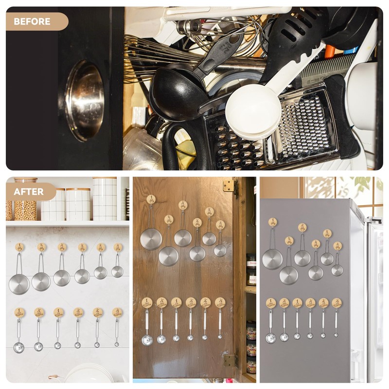 Verigud Measuring Cup and Spoon Organizer, 12 Pack Adhesive Wood