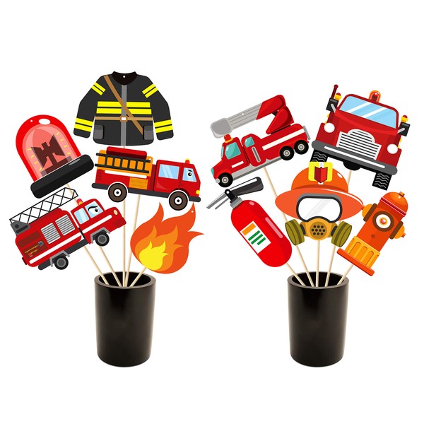 MALLMALL6 30Pcs Fire Truck Centerpiece Sticks Fireman Themed Birthday Party Favor Firefighter Table Topper Decorations Firetruck Fire Hat extinguisher Room Decor Photo Booth Props for Kids Baby Shower