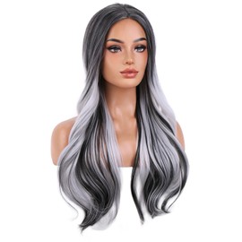 BERON Sliver Grey Ombre Long Curly Wavy Wigs for Women Girls Middle Part Heat Resistant Synthetic Hair Wigs for Cosplay Costume Party or Daily Use