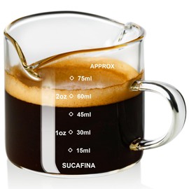 PARACITY Espressotassen mit Griff, Messbecher Glas mit Doppelauslauf und Doppelskala, Espresso Gläser mit V-förmiger Öffnung, Milchaufschäumkrug, Espresso-Zubehör, Milchbecher 75ML