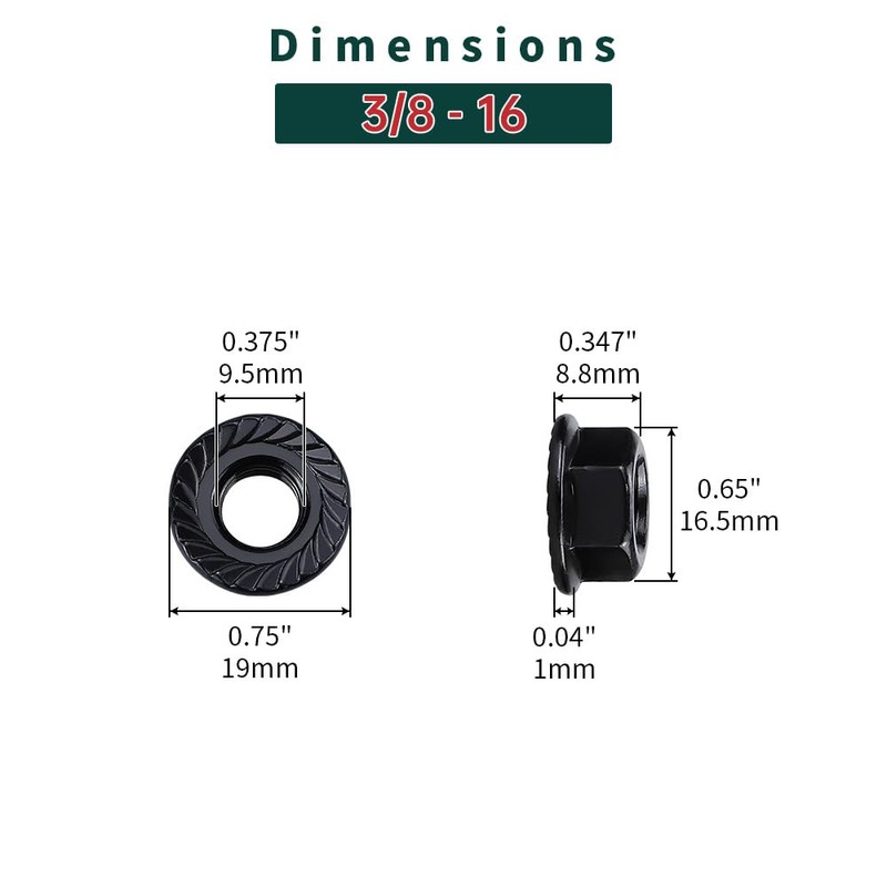3/8-16 Black Flange Nuts (25 pcs), 304 Stainless Steel 18/8,