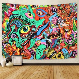 Livole Psychedelic Arabesque Tapestry Abstract Hippie Tapestries Fantasy Trippy Tapestry Fractal Colorful Monster Tapestry for Room (51.2 x 59.1 inches)
