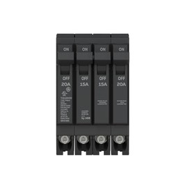 ABB Q-Line® THQLQ201520 Quad Circuit Breaker • 20A/1P & 15A/2P & 20A/1P Configuration • 120/240 VAC, 10 kAIC • Thermal Magnetic Trip • Space-Saving Plug-in Mount Type