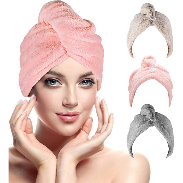 Hair Towel, Renfox Hair Towels, Super Absorbent Microfibre Super Absorbent Hair Turban Towel with Button Design for Dry Hair Quickly (3-Pack)