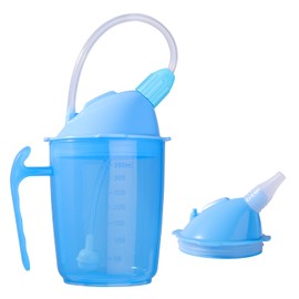 FAMJOALE Adult Sippy Cup for Elderly Spill Proof, Spill Proof Cups for Adults Hospital Disabled Patients, 3 in 1 Cup with Straw and lid Handle, No Spill Feeding Cup for Drink Water Milk Soup(Blue)