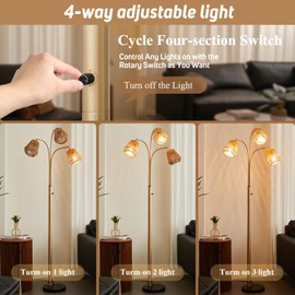 GHCKER Gold Rattan Floor Lamp for Living Room, 72 Inch Tall Boho Floor Lamp with Rotary Switch, 3 Lights Arc Lamp with Wicker Shade for Coastal,Bohemian,Modern,Tree Farmhouse Standing Lamp