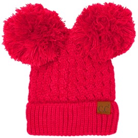 CC Winter Cute 2Pom Pom Ears 2tone Soft Warm Thick Chunky Knit Beanie Hat (Solid Hot Pink)