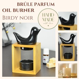 Duftbrenner Birdy Schwarz - Schmelzender Duftwachsbrenner - Diffusor für ätherische Öle und Düfte - Aromatherapie Kerzenhalter aus Holz und Keramik - Höhe: 13 cm - Zen'Arôme