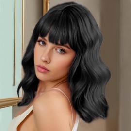 HomeChi Peluca Ondulado para Mujer, Peluca Sintética Natural Hasta Los Hombros, Peluca Rizada Suave y Transpirable con Flequillo para Cosplay Diario Navidad Cumpleaños Fiestas, Negro