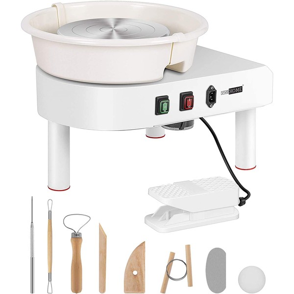 VIVOHOME 9.8Inch 25CM Pottery Wheel Forming Machine 350W Electric DIY Clay Tool with Foot Pedal and Detachable Basin for Ceramic Work Art Craft White