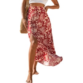 CUPSHE Women's Skirt Floral Print Maxi Skirt High Waist Side Slit A-line Summer Elegant Beach Skirt with Zip, red