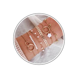 Wendalern Vintage Layered Pearl Bracelets Boho Stackable Circle Bracelets Herringbone Flower Leaf Bracelets Chain Gold Thin Bracelet Set Adjustable Jewellery for Women Girls, Crystal