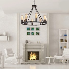 PUZHI HOME Wagon Wheel Chandelier 8 Light, Black Farmhouse Chandelier 23.6" Metal Round Dining Room Light Fixture Vintage Wheel Pendant Island Lighting for Kitchen Living Entryway Foyer