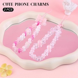 TINKRSTUFF 2 PCS Cute Phone Charms Aesthetic Y2K Cellphone Wrist Strap Bedazzling Bow Butterfly Heart Star Flower Accessories Pink Beaded Anti-Theft Chain String for Bag Keychain Airpods Camera Decor