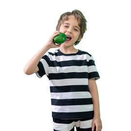 DINGDONG'S CLOSET Kid Boy Girl Summer Crewneck Cotton Casual Striped Short Sleeve Tshirt (Black, 9-10T)