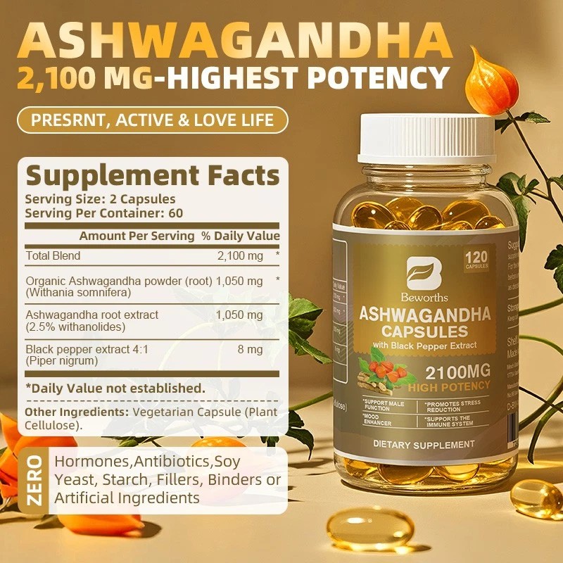 B Beworths Organic Ashwagandha Capsules 1050 MG with Black Pepper