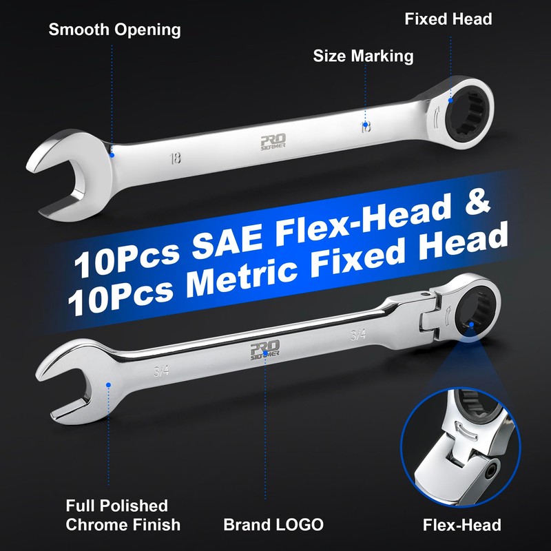 Prostormer Ratcheting Combination Wrench Set, 20-Piece SAE & Metric Wrench