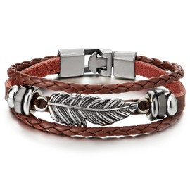 COOLSTEELANDBEYOND Vintage Feather Leaf Dark Brown Braided Leather Bracelet for Men Women, Three-Row Leather Wristband
