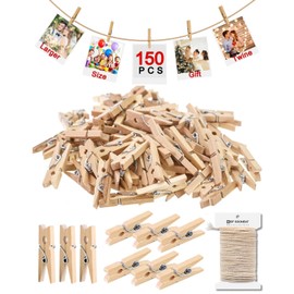 Mini Clothes Pins for Photo, Upgraded Mini Clothespins 1.18 Inch 150 PCS with Jute Twine, Picture String with Clips, Small Wooden Close Pins for Classroom Crafts Polaroid Baby Laundry Clothesline
