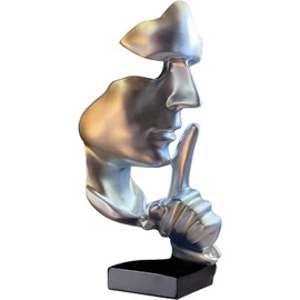Thinker Statue, Silence is Gold Abstract Art Sculpture, Ponder Statue, Creative Resin Figurine, Modern Home Ornament, Decoration for Home Room Study Office Table Shelf (Silver)