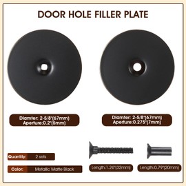 2 Set Door Hole Filler Plate, 2-5/8" Diameter, 1 Inch and 2 Inch Connecting Screws Deadbolt Cover Plate, Metal Matte Black Door Handle Hole Cover Plate for Home Exterior Interior Doors