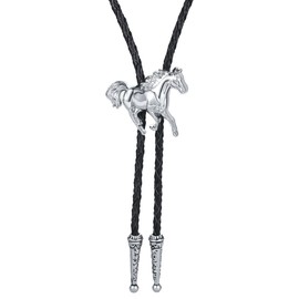 Equestrian Bolo Tie for Men Women Galloping Horse Pendant on Braided Leather Cord Western Cowboy Necktie Accessory for Rodeo or Country Wedding