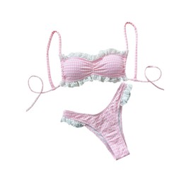 GORGLITTER - Conjunto de bikini de encaje a cuadros para mujer, con volantes y corte alto, traje de baño de 2 piezas, Rosado, Large