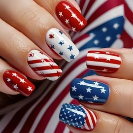 Independence Day Press on Nails Medium Coffin Fake Nails with Glossy Red White Blue Designs False Manicure USA Flag Stars Acrylic Artificial Manicure for Women Patriotic Finger Decoration